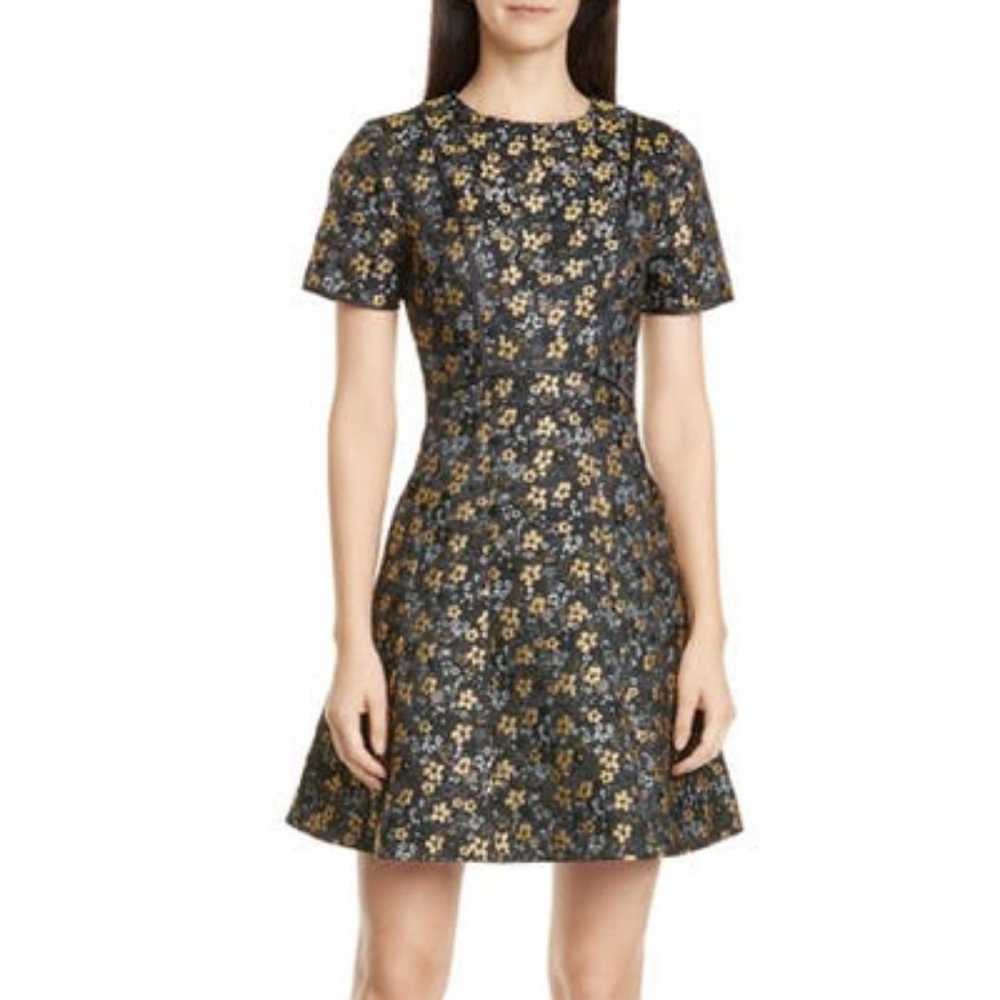Ted Baker Divwine Floral Metallic Jacquard Fit And Flare Dress In Black Sz 2
